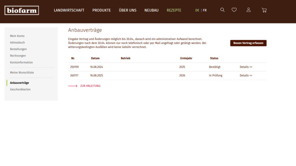 Screenshot Portal Biofarm - Übersicht Anbauverträge