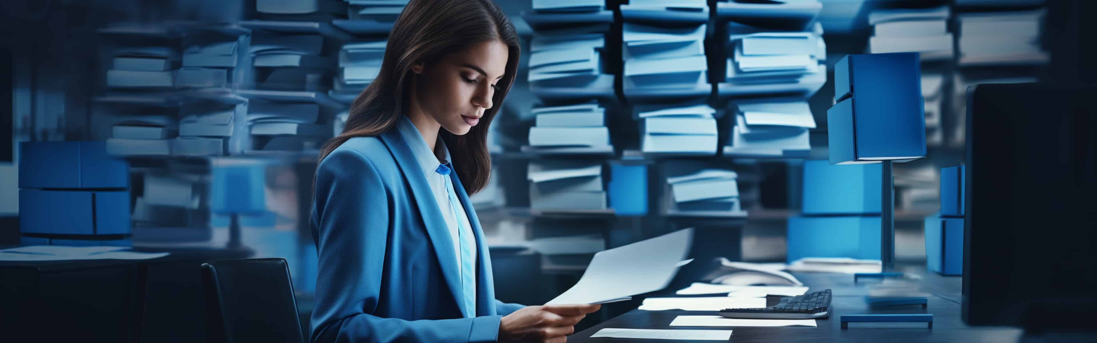 Bild einer Frau die vor einem Computer sitzt umgeben von vielen Dokumenten