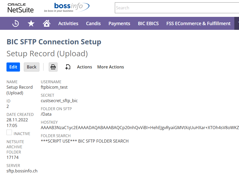 Example Setup: Detail of an upload setup. Note the SFTP password hidden behind a secret